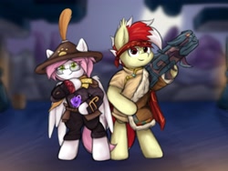 Size: 4000x3000 | Tagged: safe, artist:aaathebap, oc, oc only, oc:aaaaaaaaaaa, oc:sugar morning, bat pony, pegasus, pony, clothes, costume, duo, looking at you, rocket launcher, weapon