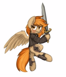 Size: 3000x3500 | Tagged: safe, artist:aaathebap, oc, oc only, oc:amber featherwing, pegasus, fallout equestria, dashite, fallout, looking at you, simple background, solo, sword, weapon, white background