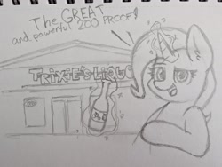 Size: 2048x1542 | Tagged: safe, artist:aaathebap, trixie, unicorn, g4, alcohol, horn, levitation, liquor, magic, telekinesis, traditional art