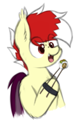 Size: 361x526 | Tagged: safe, artist:aaathebap, oc, oc only, oc:aaaaaaaaaaa, bat pony, chopsticks, eating, food, simple background, solo, sushi, white background