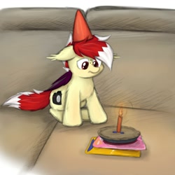 Size: 2000x2000 | Tagged: dead source, safe, artist:aaathebap, oc, oc only, oc:aaaaaaaaaaa, bat pony, birthday, birthday pie, candle, couch, floppy ears, food, hat, meme, party hat, pie, sad, sitting, solo