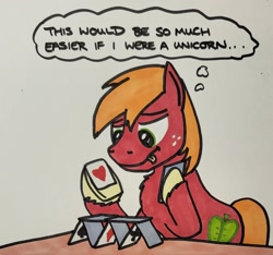 Size: 2048x1920 | Tagged: safe, artist:hoofclid, big macintosh, earth pony, pony, g4, concentrating, hoof hold, house of cards, magnetic hooves, male, marker drawing, playing card, redraw, solo, stallion, thought bubble, tongue out, traditional art