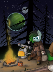 Size: 4000x5500 | Tagged: safe, artist:aaathebap, oc, oc only, oc:gryph xander, campfire, clothes, fire, helmet, moon, night, outer wilds, planet, scenery, sitting, solo, space, spacesuit, stars, tree