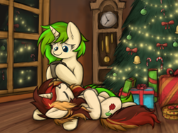 Size: 4000x3000 | Tagged: safe, artist:aaathebap, oc, oc only, oc:scarlet serenade, oc:vinyl mix, unicorn, candy, candy cane, christmas, christmas tree, clock, couple, cuddling, cute, duo, duo female, female, food, grandfather clock, holiday, horn, horn ring, lesbian, lying down, oc x oc, ornament, present, reflection, ring, scarletmix, shipping, tree, window, winter