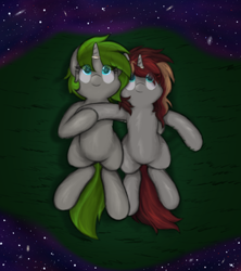 Size: 4000x4500 | Tagged: safe, artist:aaathebap, oc, oc only, oc:scarlet serenade, oc:vinyl mix, unicorn, couple, cute, duo, duo female, female, horn, horn ring, lesbian, looking up, lying down, oc x oc, ring, scarletmix, shipping, space, stars