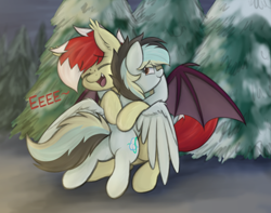 Size: 4000x3150 | Tagged: safe, artist:aaathebap, oc, oc:aaaaaaaaaaa, oc:swifty breeze, bat pony, pegasus, cute, duo, hug, spread wings, tree, wings, winter