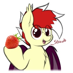 Size: 1750x1750 | Tagged: safe, artist:aaathebap, oc, oc only, oc:aaaaaaaaaaa, bat pony, pony, chest fluff, food, looking at you, simple background, solo, strawberry, white background