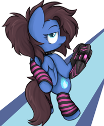 Size: 3500x4250 | Tagged: safe, artist:aaathebap, oc, oc only, oc:bizarre song, pegasus, pony, bipedal, clothes, femboy, leg warmers, looking at you, looking back, looking back at you, male, perspective, ponytail, power hoof, solo, standing, striped leg warmers