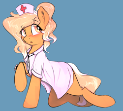 Size: 2779x2496 | Tagged: safe, artist:potato22, oc, oc only, oc:mareota, pegasus, pony, blushing, clothes, eye clipping through hair, eyebrows, eyebrows visible through hair, female, hat, high res, mare, nurse hat, nurse outfit, open mouth, pegasus oc, raised hoof, simple background, solo, stethoscope, tail