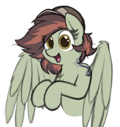 Size: 724x768 | Tagged: safe, artist:aaathebap, oc, oc only, pegasus, fallout equestria, cute, fallout, happy, hat, looking at you, mechanic, simple background, solo, spread wings, talisman, white background, wings