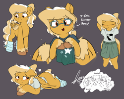 Size: 3153x2519 | Tagged: safe, alternate version, artist:potato22, oc, oc only, oc:mareota, pegasus, pony, semi-anthro, blushing, clothes, eye clipping through hair, eyebrows, eyebrows visible through hair, eyes closed, female, floppy ears, folded wings, glasses, gray background, heart, high res, looking at you, lying down, mare, open mouth, pegasus oc, prone, shirt, shorts, simple background, smiling, solo, spread wings, t-shirt, tail, unshorn fetlocks, wings