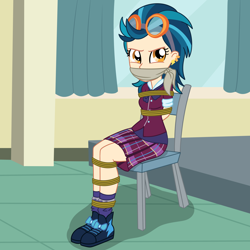 Size: 2000x2000 | Tagged: safe, artist:nie-martw-sie-o-mnie, part of a set, indigo zap, human, equestria girls, g4, bondage, bound and gagged, chair, cloth gag, clothes, crystal prep academy uniform, female, femsub, gag, goggles, goggles on head, indigosub, rope, rope bondage, school uniform, sitting, skirt, socks, solo, submissive