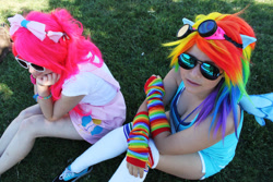 Size: 900x600 | Tagged: safe, photographer:sailorhaschopstickss, pinkie pie, rainbow dash, human, g4, ama-con, clothes, cosplay, costume, duo, duo female, female, irl, irl human, multicolored hair, photo, rainbow hair, sunglasses