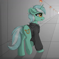 Size: 1800x1800 | Tagged: safe, artist:門久, lyra heartstrings, pony, unicorn, fanfic:background pony, g4, butt, clothes, dock, female, hoodie, horn, mare, plot, solo, tail, torch, underhoof