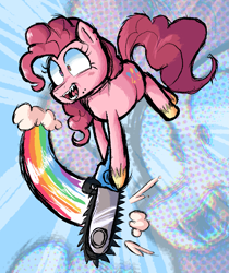 Size: 1225x1455 | Tagged: safe, artist:lemomew, pinkie pie, earth pony, cutiemarks (and the things that bind us), lesbian ponies with weapons, vylet pony, g4, chainsaw, insanity, jumping, rainbow, zoom layer