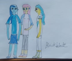 Size: 3073x2604 | Tagged: safe, artist:blackblade360, lemon hearts, minuette, twinkleshine, human, equestria girls, g4, blue dress, blue eyes, blue hair, blue shirt, blue skin, clothes, colored pencil drawing, curly hair, cutie mark accessory, dress, ear piercing, earring, eyelashes, female, humanized, irl, jewelry, open mouth, paper, photo, piercing, pink eyes, pink hair, pony to human, raised arm, side view, signature, smiling, talking, tan skin, traditional art, trio, two toned hair, yellow tan