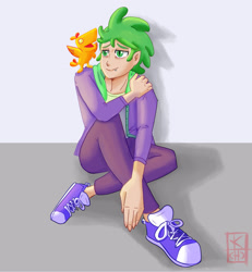 Size: 1876x2026 | Tagged: safe, artist:kachomancer, peewee, spike, human, phoenix, g4, baby phoenix, comfort, comforting, cute, duo, duo male, fanfic art, human spike, humanized, male, peeweebetes, pet, phoenix chick, wholesome