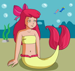 Size: 1164x1104 | Tagged: safe, artist:ocean lover, apple bloom, fish, human, mermaid, g4, adorabloom, amber eyes, apple bloom's bow, bandeau, bare midriff, bare shoulders, belly, belly button, bow, bubble, child, coral, cute, fins, fish tail, hair bow, happy, human coloration, humanized, kelp, light skin, long hair, looking at something, mermaid tail, mermaidized, midriff, ms paint, ocean, red hair, sea creature, seaweed, sitting, smiling, solo, species swap, tail, tail fin, underwater, water