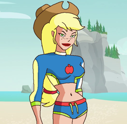 Size: 528x517 | Tagged: safe, artist:ocean lover, applejack, human, g4, 1000 hours in ms paint, applejack's beach shorts swimsuit, applejack's hat, background edit, bare midriff, beach, beautiful, belly, belly button, blonde hair, clothes, cloud, cowboy hat, cowgirl, female, green eyes, hat, humanized, island, light skin, lips, lipstick, long hair, midriff, ms paint, ocean, outdoors, ponytail, red lipstick, sand, sky, smiling, solo, stetson, swimsuit, tomboy, water, wave