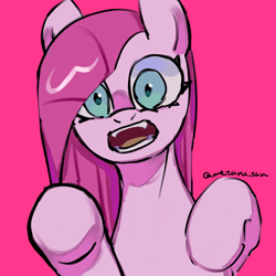 Size: 4096x4096 | Tagged: safe, artist:metaruscarlet, pinkie pie, earth pony, pony, g4, looking at you, open mouth, pink background, pinkamena diane pie, raised hoof, simple background, solo