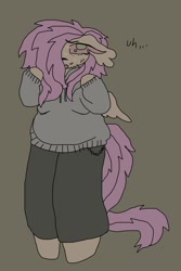 Size: 800x1200 | Tagged: safe, artist:larvaecandy, fluttershy, pegasus, anthro, unguligrade anthro, g4, alternate eye color, big eyes, chains, chubby, clothes, colored, colored sclera, ear fluff, eyebrows, eyebrows visible through hair, eyelashes, facial hair, fat, fattershy, flat colors, floppy ears, green eyes, hair over one eye, long mane, long tail, looking back, nervous, no catchlights, no pupils, pants, pink sclera, raised hooves, slightly desaturated, small wings, solo, spiky mane, spiky tail, spread wings, standing, stubble, sweat, sweatpants, sweatshirt, tail, text, wingding eyes, wings, yellow coat