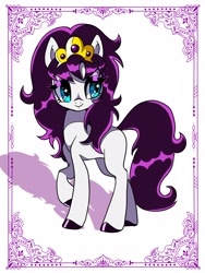 Size: 1200x1600 | Tagged: safe, artist:stacy_165cut, pony, abstract background, alternate mane color, alternate tail color, bangs, big eyes, black hooves, blank flank, blue eyes, border, colored hooves, crown, eyelashes, eyeshadow, facing you, female, filigree, hooves, horn, ico the brave little horse, jewelry, long mane, long tail, looking back, makeup, mare, patterned background, pink eyeshadow, ponified, preciosa, raised hoof, regalia, shiny eyelashes, shiny hooves, shiny mane, shiny tail, smiling, solo, sparkly eyes, standing, standing on three hooves, tail, tiara, updo, white coat, wingding eyes