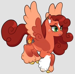 Size: 1008x994 | Tagged: safe, artist:lainseii, part of a set, pegasus, pony, cloven hooves, coat markings, colored belly, colored ear fluff, colored eyebrows, colored eyelashes, colored hooves, colored pupils, colored wings, colored wingtips, countershading, curly mane, curly tail, ear fluff, ear piercing, earring, eye clipping through hair, eyelashes, facial markings, female, flying, freckles, gradient legs, gray background, green eyes, green pupils, helix piercing, hooves, jewelry, leg markings, long mane, long tail, mare, mismatched hooves, multicolored hooves, open mouth, open smile, orange coat, orange wingtips, pale belly, piercing, ponified, red eyelashes, red mane, red tail, shiny mane, shiny tail, simple background, small hooves, smiling, socks (coat markings), solo, spread wings, squirrelflight, star (coat marking), tail, three quarter view, torn ear, two toned wings, wall of tags, warrior cats, wings