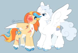 Size: 2138x1468 | Tagged: safe, artist:lainseii, part of a set, pegasus, pony, blue background, blue eyes, blue hooves, body scar, brightheart, cloudtail, cloven hooves, colored belly, colored eyebrows, colored fetlocks, colored hooves, colored wings, colored wingtips, curly mane, curly tail, duo, duo male and female, ear fluff, eye scar, eyebrows, eyebrows visible through hair, eyelashes, facial scar, female, gray mane, gray tail, height difference, hooves, leg scar, lidded eyes, long mane, long mane male, long tail, looking at someone, looking back, male, mare, missing eye, non-mlp shipping, pale belly, partially open wings, physique difference, ponified, profile, scar, shiny mane, shiny tail, signature, simple background, smiling, spread wings, stallion, standing, straight, tail, text, three quarter view, three toned mane, three toned tail, torn ear, two toned wings, unshorn fetlocks, wall of tags, warrior cats, white belly, white coat, white wingtips, wing scar, wings, yellow coat