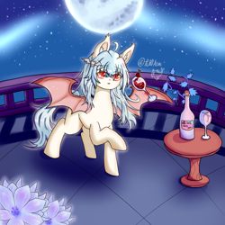 Size: 4096x4096 | Tagged: safe, artist:dw_atias, oc, oc only, oc:noya, bat pony, bottle, drink, drinking glass, ear fluff, female, glass, moon, solo, wine bottle, wine glass