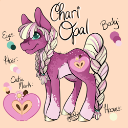 Size: 4096x4096 | Tagged: safe, artist:g-jnotes, oc, oc only, oc:chari opal, earth pony, pony, body freckles, braid, braided pigtails, braided tail, colored belly, colored pupils, female, freckles, mare, name, offspring, orange background, parent:big macintosh, parent:cheerilee, parents:cheerimac, pigtails, reference sheet, simple background, smiling, solo, tail