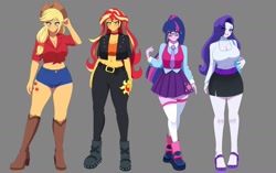 Size: 1600x1002 | Tagged: safe, artist:masterdestroyzj, applejack, rarity, sci-twi, sunset shimmer, twilight sparkle, human, equestria girls, g4, big breasts, boots, breasts, busty applejack, busty rarity, choker, cleavage, clothes, cowboy boots, cutie mark on clothes, cutie mark on equestria girl, female, front knot midriff, gray background, group, midriff, miniskirt, necktie, quartet, shoes, shorts, simple background, skirt, stockings, thigh highs, vest