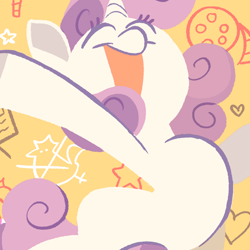 Size: 1200x1200 | Tagged: safe, artist:kyssimmee, part of a set, sweetie belle, pony, unicorn, g4, cute, diasweetes, eyes closed, female, filly, foal, hooves in air, horn, open mouth, open smile, patterned background, smiling, solo