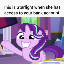 Size: 720x720 | Tagged: safe, artist:trrrebleee, edit, edited screencap, screencap, starlight glimmer, unicorn, g4, no second prances, caption, horn, meme, smiling, solo, text, twilight's castle