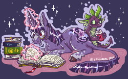 Size: 1184x736 | Tagged: safe, artist:spiiderdog, spike, twilight sparkle, classical unicorn, dragon, pony, unicorn, g4, book, chocolate, cloven hooves, duo, duo male and female, female, food, glasses, glowing, glowing horn, horn, hot chocolate, leonine tail, magic, male, mare, mug, purple background, reading, signature, simple background, sparkles, telekinesis, unicorn twilight, unshorn fetlocks, whipped cream, wingless spike