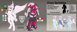 Size: 4096x1696 | Tagged: safe, artist:soundwavedragon, oc, oc only, oc:fizzy sprinkles, alicorn, anthro, digitigrade anthro, alicorn oc, alicorn wings, bedroom eyes, bell, bow, charm, clothes, collar, crossdressing, curly hair, curly mane, cutie mark, digital art, disembodied tongue, dress, ears back, equal cutie mark, eyelashes, eyeshadow, feathered fetlocks, featureless crotch, femboy, feminine stallion, fingernails, fins, floppy ears, freckles, frilly underwear, garter belt, garter belt leggings, garter straps, girly, gradient background, green magic, hair bow, hair ribbon, hammer, hand, heart, heart charm, heart collar, height difference, hooves, horn, jingle bells, light, lingerie, long hair, long mane, lore, makeup, male, mercenary insignia, nightgown, panties, pretender, reference sheet, ribbon, scale, seat, sharp horn, sharp nails, skirt, sleepwear, socks, solo, stallion, stolen cutie marks, strapless, strapless dress, swirly pole, tail, tail bow, tassels, thigh highs, thighs, thong, tires, tongue out, transformers, trap, underwear, visor, wide hips, wings