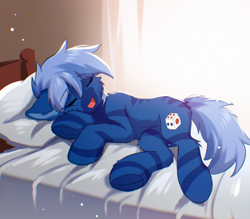 Size: 1957x1713 | Tagged: safe, artist:gale spark, derpibooru exclusive, oc, oc only, oc:dark straw, earth pony, hybrid, bed, bedroom, dust motes, open mouth, pillow, sleeping, solo