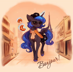 Size: 3347x3309 | Tagged: safe, artist:polnocnykot, princess luna, alicorn, pony, g4, artificial horn, augmented, bag, baguette, beret, bonjour, bread, chanel, clothes, crescent moon, croissant, cute, detailed, detailed background, ear fluff, ears back, eating, eiffel tower, elegant, female, food, france, french, glowing, glowing horn, hat, horn, house, houses, looking at you, magic, magic aura, magic horn, mare, moon, paris, ponytail, scarf, shop, shopping, shopping bag, smiling, smiling at you, solo, stars, street, sunglasses, telekinesis, text, unshorn fetlocks, walking, window, wings