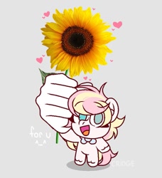 Size: 707x774 | Tagged: safe, artist:cr1nge228kek, oc, oc only, oc:ninny, pegasus, semi-anthro, bowtie, cute, female, flower, gray background, heterochromia, looking at you, mare, meme, necktie, simple background, solo, sunflower