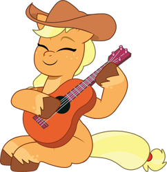 Size: 948x978 | Tagged: safe, artist:prixy05, applejack, earth pony, pony, g4, g5, my little pony: tell your tale, applejack's hat, cowboy hat, cute, eyes closed, female, freckles, g4 to g5, generation leap, guitar, hat, jackabetes, mare, missing cutie mark, musical instrument, playing instrument, simple background, sitting, smiling, solo, transparent background, vector