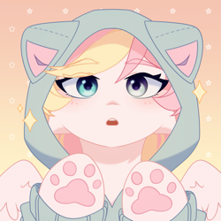 Size: 1977x1977 | Tagged: safe, artist:floweryoutoday, oc, oc only, oc:ninny, pegasus, blushing, bowtie, clothes, cute, female, gradient background, heterochromia, hoodie, looking at you, mare, necktie, solo