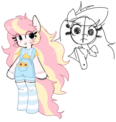 Size: 1987x2084 | Tagged: safe, artist:syrupyyy, oc, oc only, oc:ninny, pegasus, semi-anthro, blushing, bowtie, clothes, female, fluffy, mare, necktie, overalls, pixel-crisp art, simple background, sketch, socks, striped socks, white background