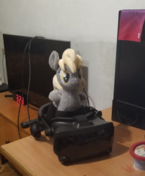 Size: 2000x2426 | Tagged: safe, artist:merik1337, artist:trueheartcraft, derpy hooves, g4, clothes, irl, monitor, on table, photo, plushie, socks, television, valve, valve index, vr headset