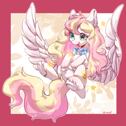 Size: 2048x2048 | Tagged: source needed, useless source url, safe, artist:qamar, oc, oc only, oc:ninny, pegasus, pony, blushing, bowtie, female, flying, heterochromia, mare, necktie, passepartout, solo