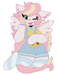 Size: 1804x2300 | Tagged: safe, oc, oc only, oc:ninny, pegasus, semi-anthro, blushing, bowtie, clothes, female, floppy ears, kneeling, looking at you, mare, necktie, one eye closed, overalls, simple background, socks, solo, striped socks, transparent background, wink, winking at you