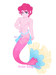 Size: 2300x3088 | Tagged: safe, artist:yang tim, pinkie pie, mermaid, merman, equestria girls, g4, abs, belly, belly button, bubble berry, equestria guys, male, muscles, muscular male, pinkie pump, rule 63, simple background, solo, transparent background