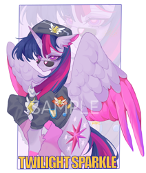 Size: 2328x2744 | Tagged: safe, artist:elk, artist:xinjinjumin461028308191, twilight sparkle, alicorn, pony, g4, abstract background, clothes, female, hat, jacket, mare, passepartout, solo, spread wings, sunglasses, twilight sparkle (alicorn), wings