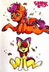 Size: 1469x2160 | Tagged: safe, artist:kion_draws, apple bloom, scootaloo, earth pony, pegasus, pony, g4, bandaid, female, filly, foal, grin, lying down, one eye closed, prone, sitting, smiling, traditional art, wink