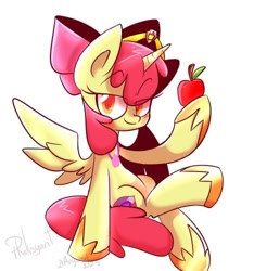 Size: 468x500 | Tagged: safe, artist:roksyant, apple bloom, alicorn, pony, g4, alicornified, apple, female, filly, foal, food, jewelry, looking at you, necklace, race swap, regalia, simple background, sitting, smiling, solo, spread wings, text, the cmc's cutie marks, white background, wings