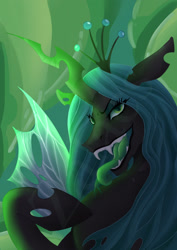 Size: 1614x2283 | Tagged: safe, artist:zalacs, queen chrysalis, changeling, changeling queen, g4, antagonist, bust, changeling hive, colored pupils, crown, digital art, eyelashes, fangs, female, glowing, green eyes, green mane, horn, jewelry, lidded eyes, looking at you, mare, messy mane, open mouth, open smile, portrait, raised hoof, regalia, signature, smiling, smiling at you, solo, spread wings, teeth, tongue out, transparent wings, villainess, watermark, wings