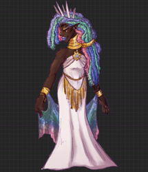 Size: 1107x1285 | Tagged: safe, artist:spiiderdog, princess celestia, human, g4, bare shoulders, dark skin, dreadlocks, ear piercing, earring, elf ears, humanized, jewelry, makeup, neck rings, piercing, sleeveless, solo